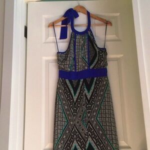 Jealous Tomato Halter Maxi Dress in Black, White & Teal with Royal Blue Trim